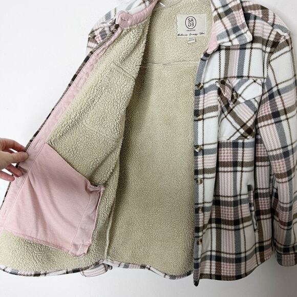 Sage Women's Plush Shirt Jacket S Pink Plaid Fleece Flannel Sherpa Lined Shacket - Picture 7 of 10
